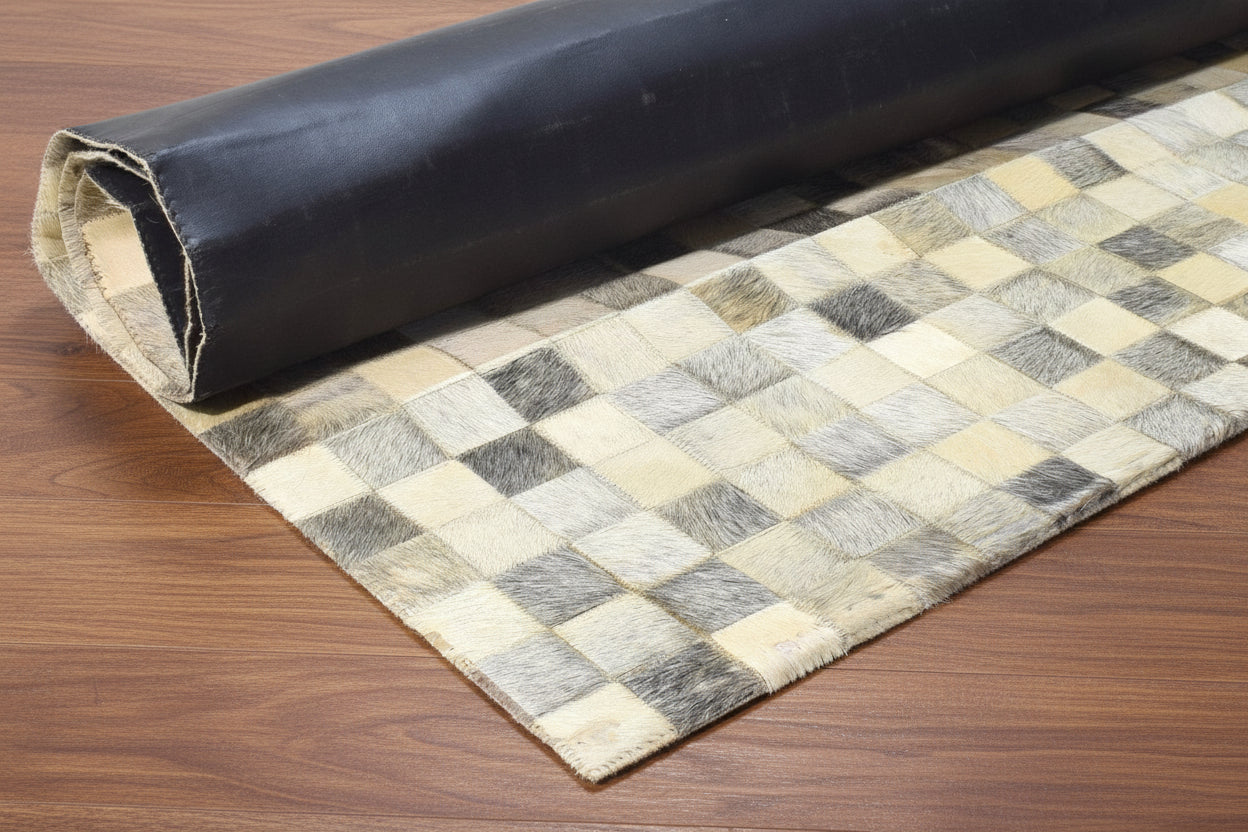 Rochella Handmade Leather Checkerboard Beige Rug | Modern Patchwork Checkered Cowhide Area Rug 7864583618709