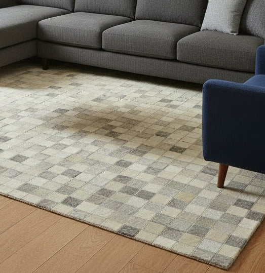Rochella Handmade Leather Checkerboard Beige Rug | Modern Patchwork Checkered Cowhide Area Rug 7864583618709