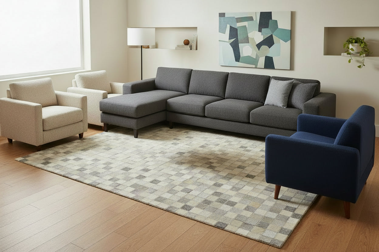 Rochella Handmade Leather Checkerboard Beige Rug | Modern Patchwork Checkered Cowhide Area Rug 7864583618709