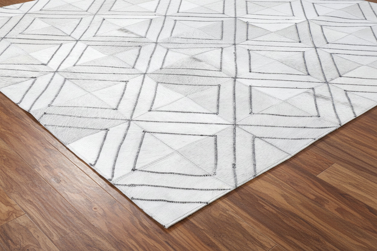 Rona White Handmade Leather Diamond Rug | Modern Patchwork Cowhide Ara Rug