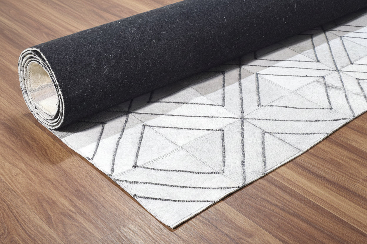 Rona White Handmade Leather Diamond Rug | Modern Patchwork Cowhide Ara Rug