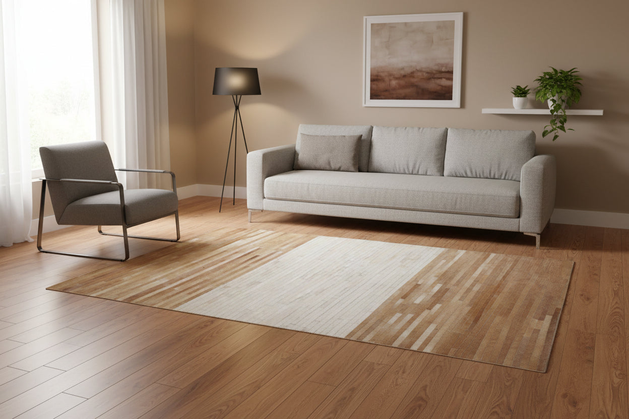 Rustica Modern Brown & Ivory Cowhide Leather Rug – Handmade Striped Patchwork Area Rug 9061012963477