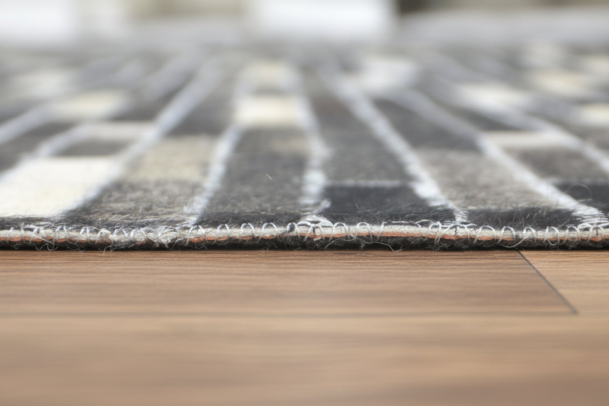 Sallee Handmade Charcoal Black Stripes Leather Rug | Modern Patchwork Cowhide Area Rug 9060376019093
