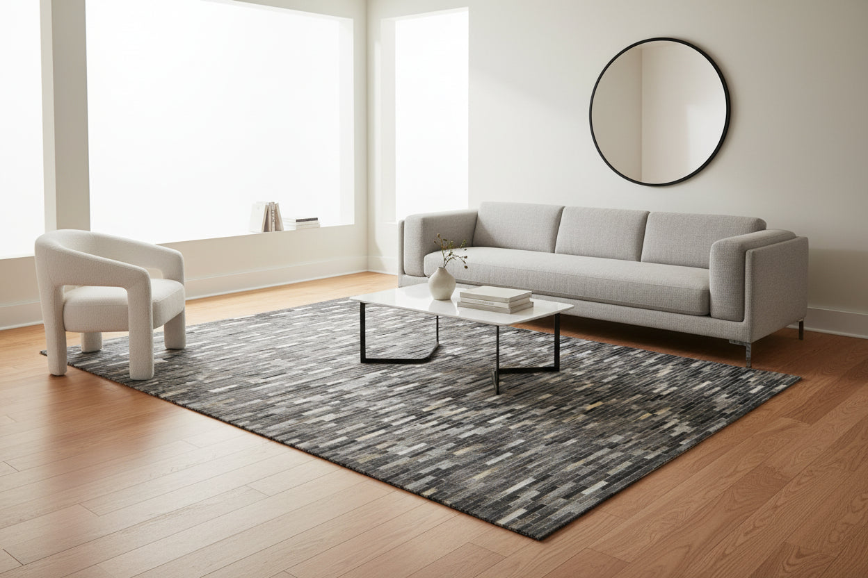Sallee Handmade Charcoal Black Stripes Leather Rug | Modern Patchwork Cowhide Area Rug 9060376019093