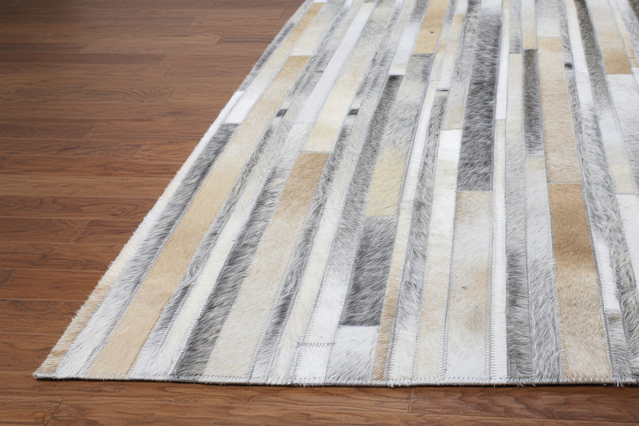 Sallie Leather Handmade Gray Ivory Stripes Rug | Modern Patchwork Cowhide Rug