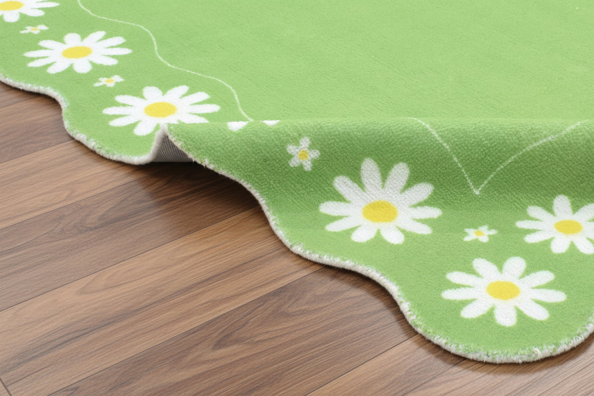 Scalloped Daisy Border Handmade Kids Rug – Lime Green Floral Nursery Area Rug 9126757728405