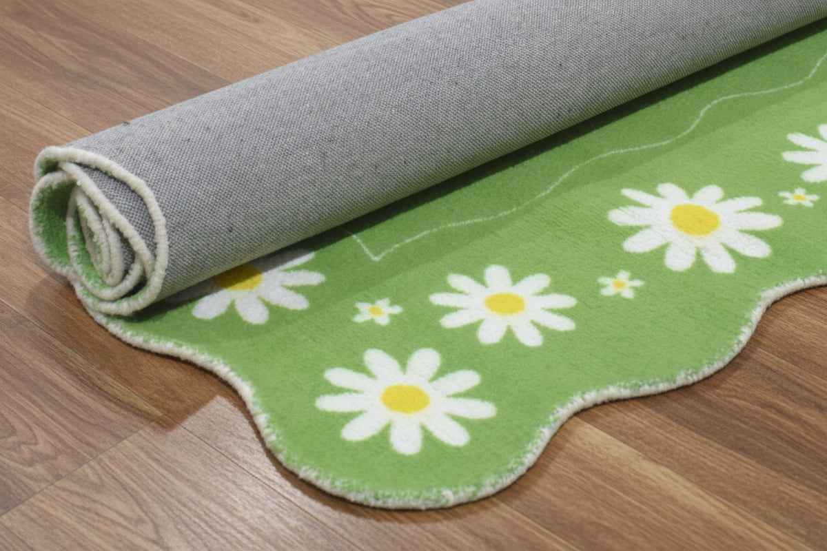Scalloped Daisy Border Handmade Kids Rug – Lime Green Floral Nursery Area Rug 9126757728405