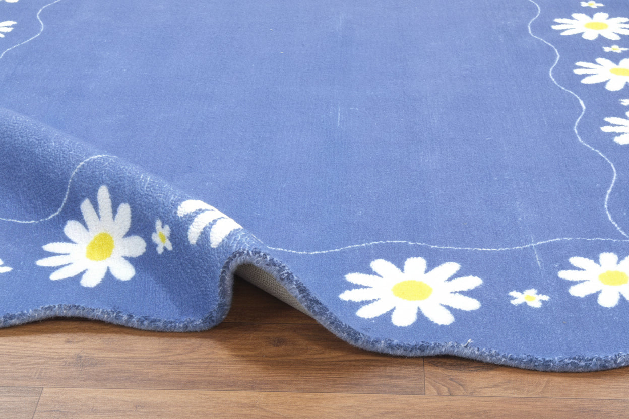Scalloped Daisy Border Handmade Kids Rug – Navy Blue Floral Nursery Area Rug 9126753304725