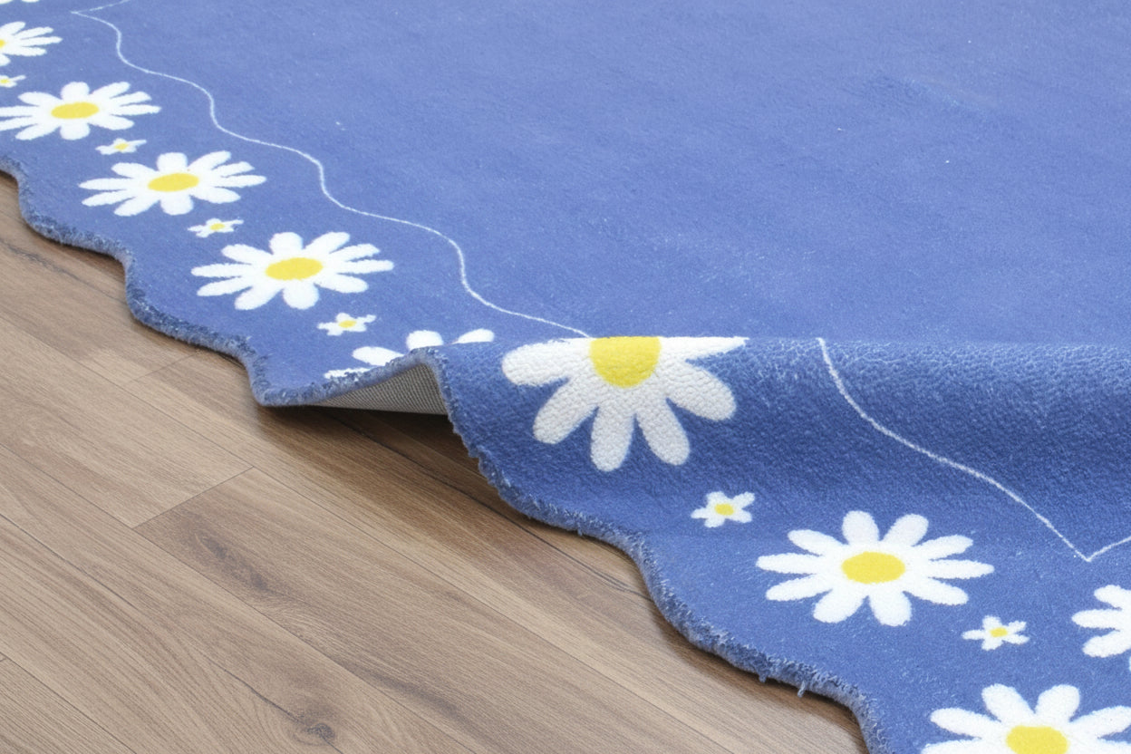 Scalloped Daisy Border Handmade Kids Rug – Navy Blue Floral Nursery Area Rug 9126753304725