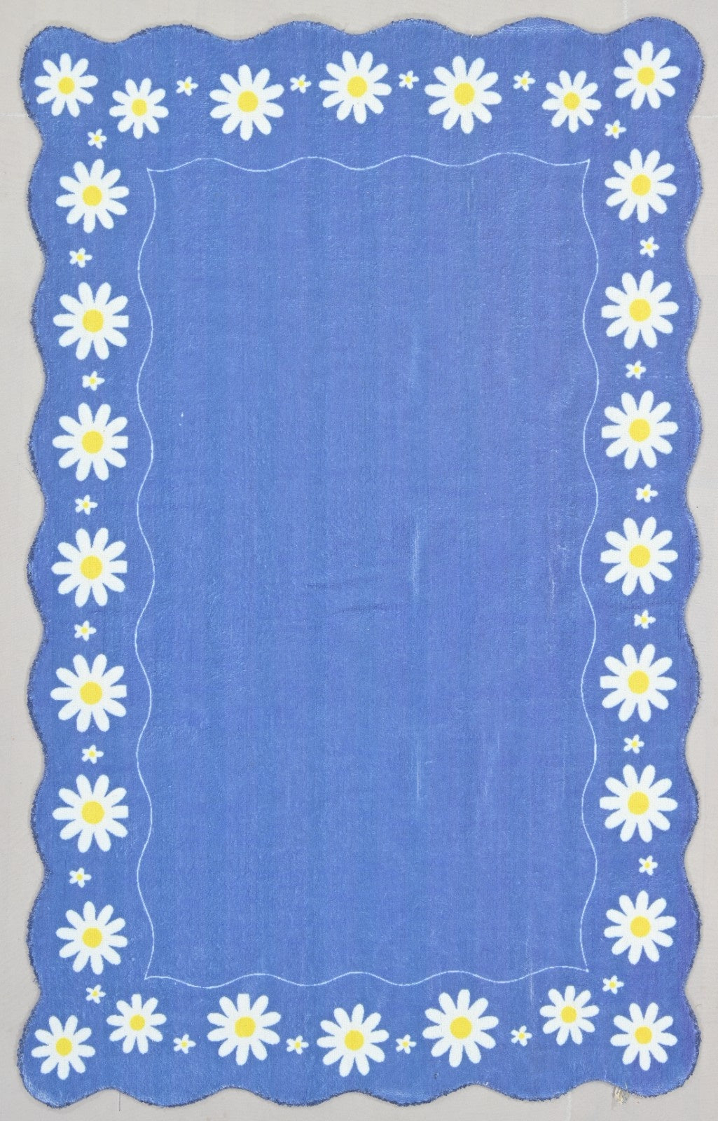 Scalloped Daisy Border Handmade Kids Rug – Navy Blue Floral Nursery Area Rug 9126753304725
