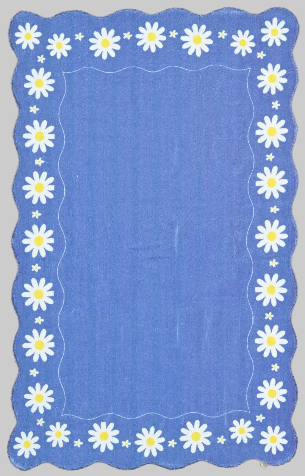 Scalloped Daisy Border Handmade Kids Rug – Navy Blue Floral Nursery Area Rug 9126753304725