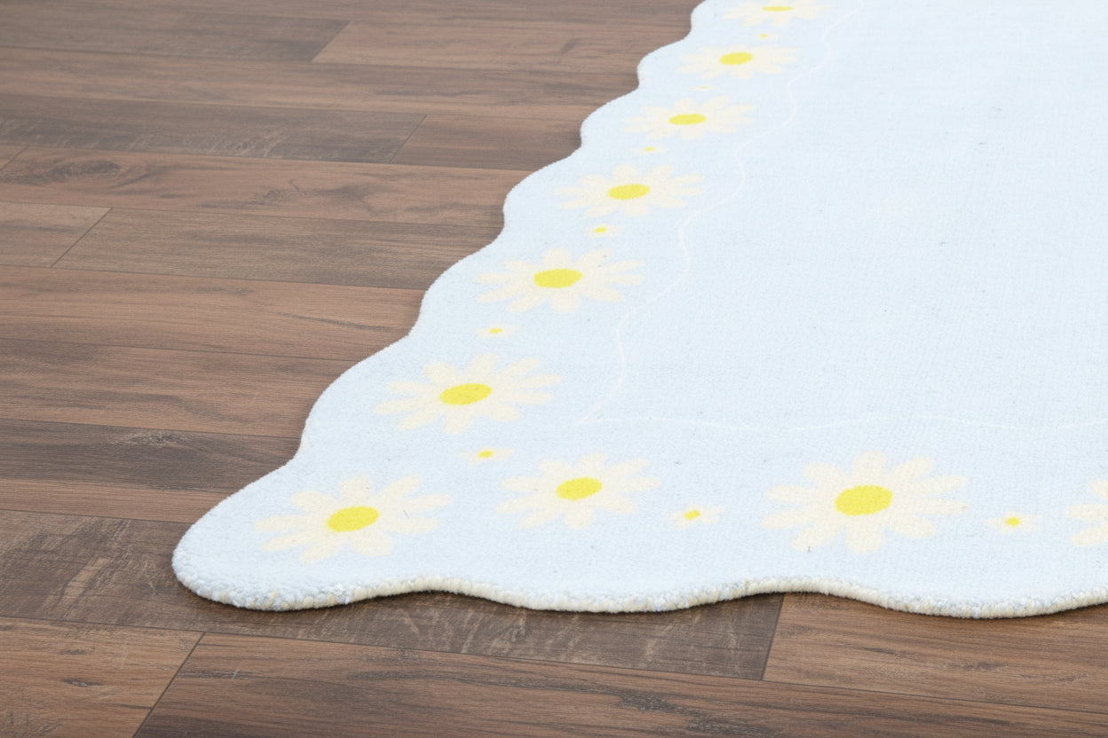 Scalloped Daisy Border Handmade Kids Rug – Pastel Blue Floral Nursery Area Rug 9126718374037