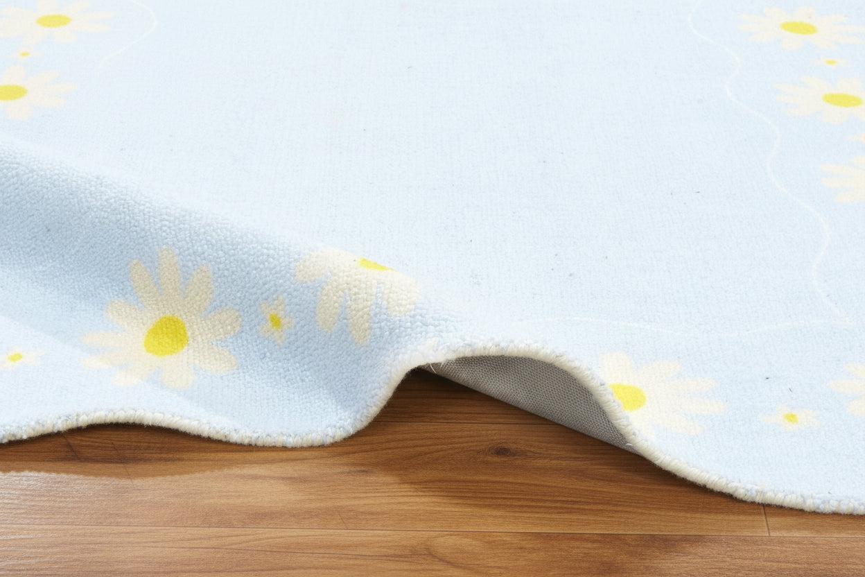 Scalloped Daisy Border Handmade Kids Rug – Pastel Blue Floral Nursery Area Rug 9126718374037