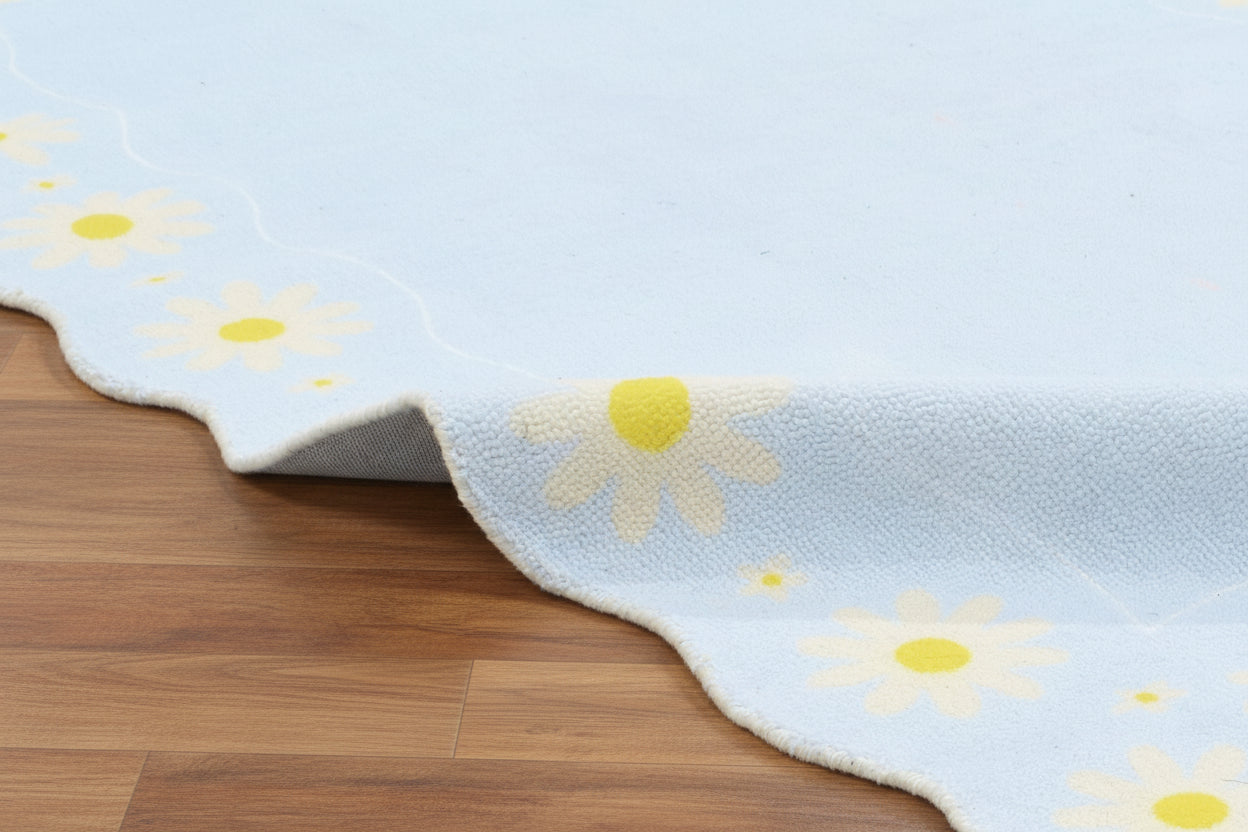 Scalloped Daisy Border Handmade Kids Rug – Pastel Blue Floral Nursery Area Rug 9126718374037