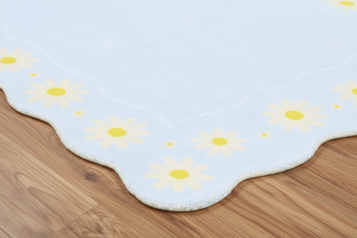 Scalloped Daisy Border Handmade Kids Rug – Pastel Blue Floral Nursery Area Rug 9126718374037