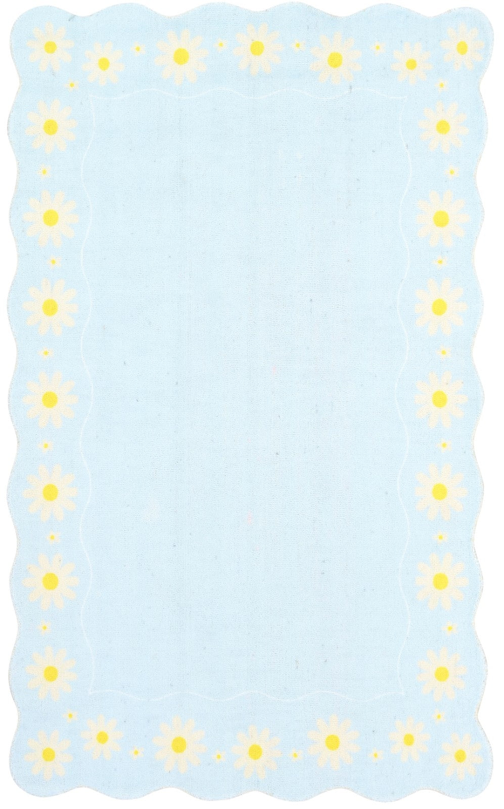 Scalloped Daisy Border Handmade Kids Rug – Pastel Blue Floral Nursery Area Rug 9126718374037