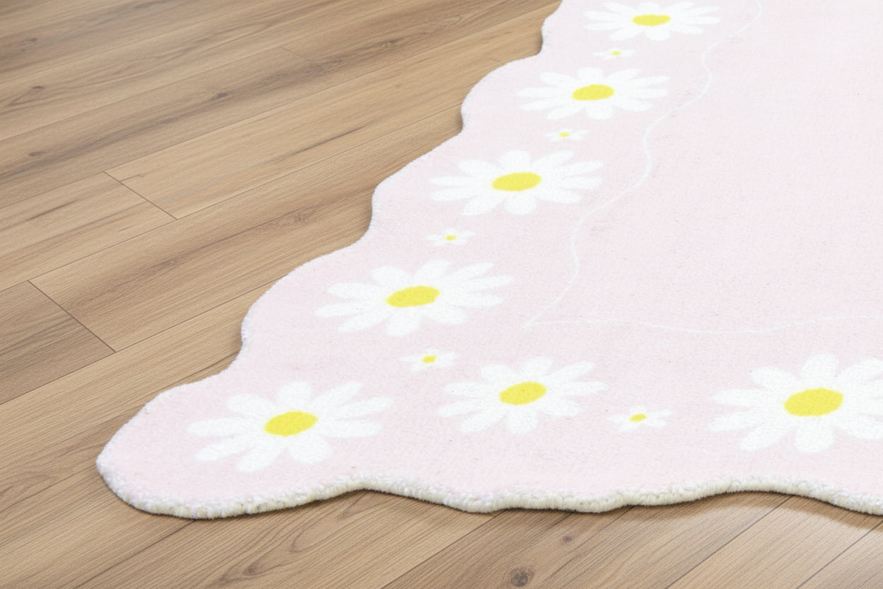 Scalloped Daisy Border Handmade Kids Rug – Pastel Pink Floral Nursery Area Rug 9126562398357