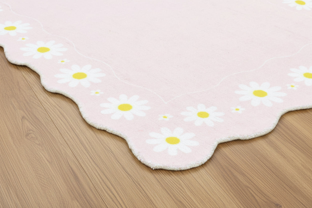 Scalloped Daisy Border Handmade Kids Rug – Pastel Pink Floral Nursery Area Rug 9126562398357