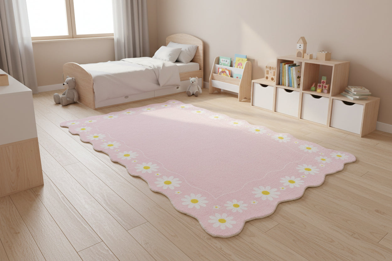Scalloped Daisy Border Handmade Kids Rug – Pastel Pink Floral Nursery Area Rug 9126562398357