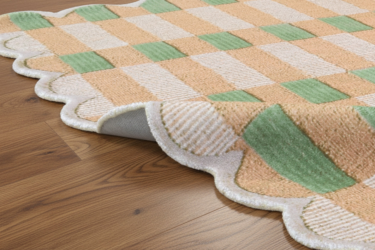 Scalloped Edge Handmade Green & Beige Area Rug – Modern Checkered Wavy Border 9081810518165