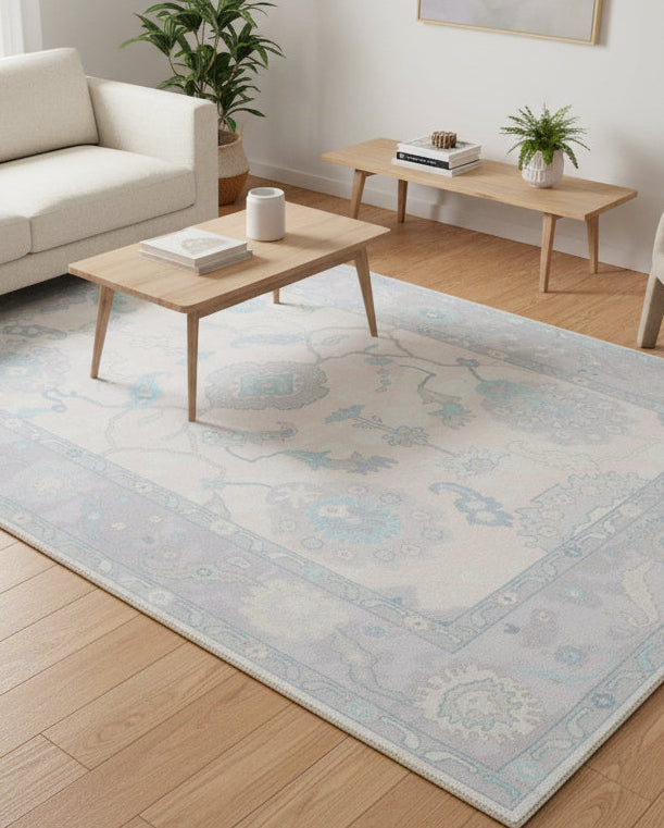 Shabby Chic Oushak Handmade Light Blue Rug – Modern Vintage Transitional Area Rug 9175406117013