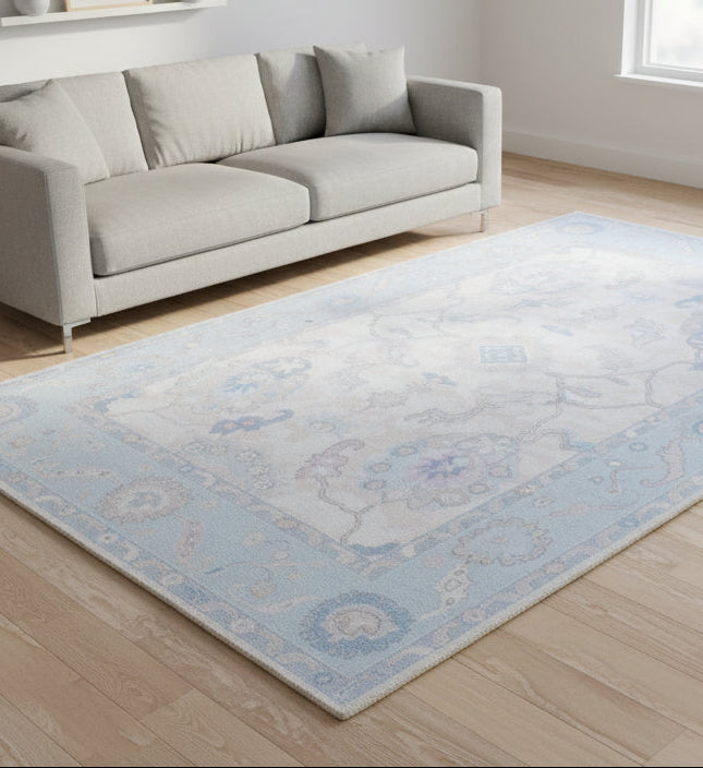 Shabby Chic Oushak Handmade Soft Sky Blue Rug – Modern Vintage Transitional Area Rug 9170525257877