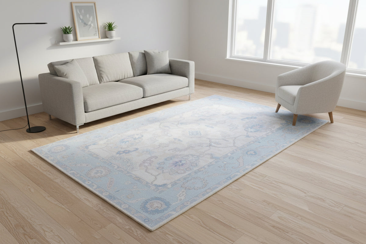 Shabby Chic Oushak Handmade Soft Sky Blue Rug – Modern Vintage Transitional Area Rug 9170525257877