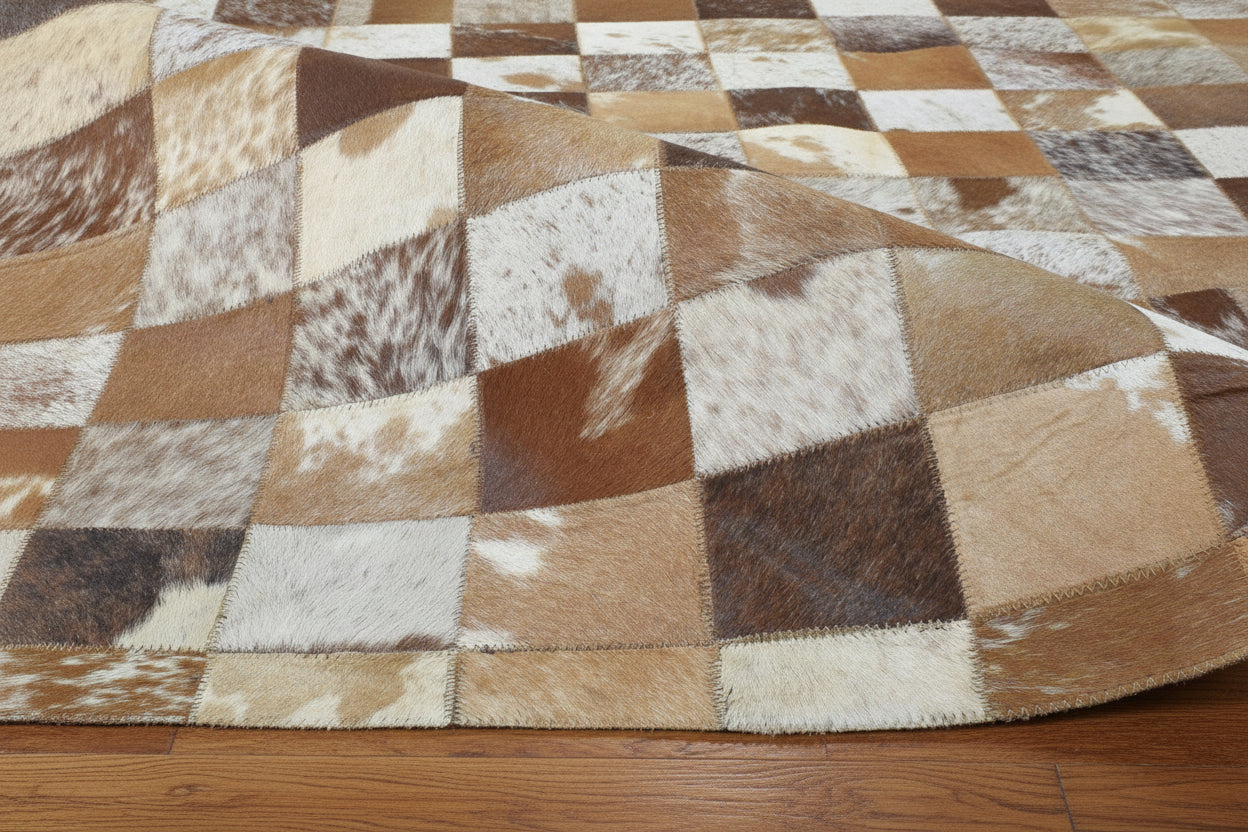 Shannen Handmade Brown Checkerboard Leather Rug | Modern Patchwork Checkered Blocks Rug 7864581488789