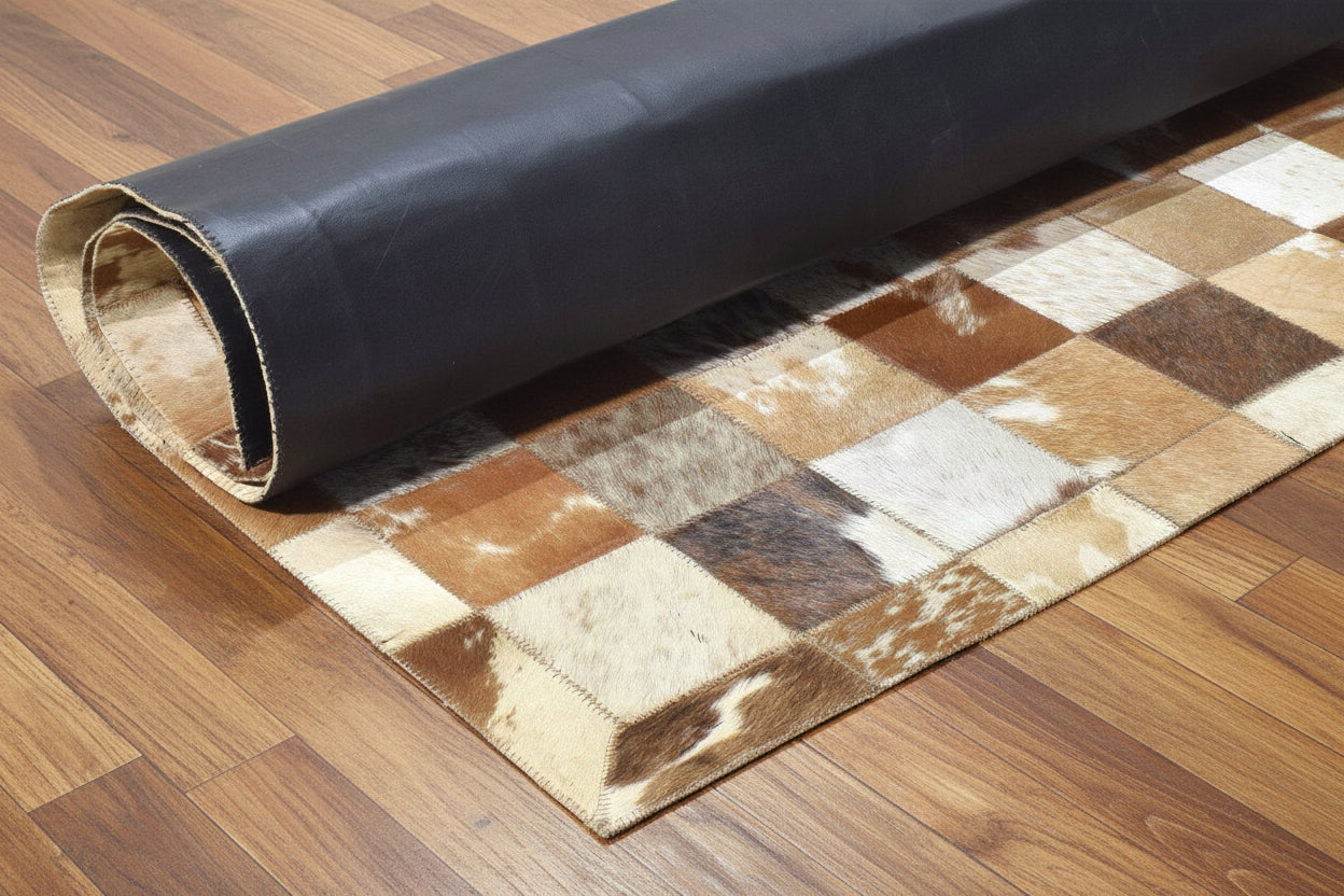 Shannen Handmade Brown Checkerboard Leather Rug | Modern Patchwork Checkered Blocks Rug 7864581488789