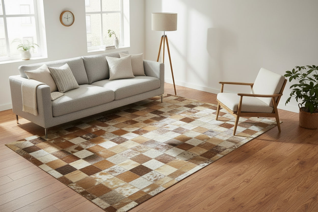 Shannen Handmade Brown Checkerboard Leather Rug | Modern Patchwork Checkered Blocks Rug 7864581488789