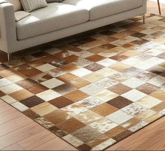 Shannen Handmade Brown Checkerboard Leather Rug | Modern Patchwork Checkered Blocks Rug 7864581488789
