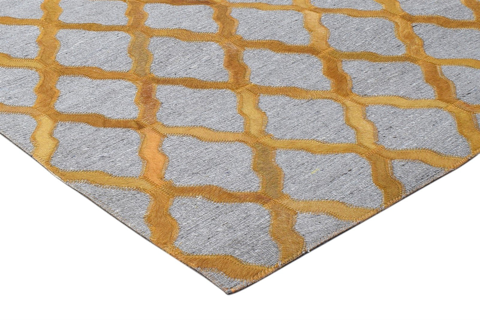 Shena Hand Woven Gold Leather / Cotton Rug 3X9 Modern Moroccan Trellis 7864437211285
