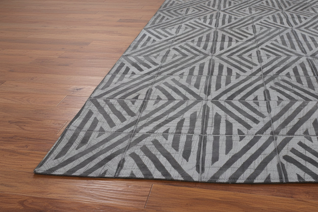 Sibilla Handmade Dark Gray Leather Diamonds Rug | Modern Geometric Patchwork Cowhide Area Rug