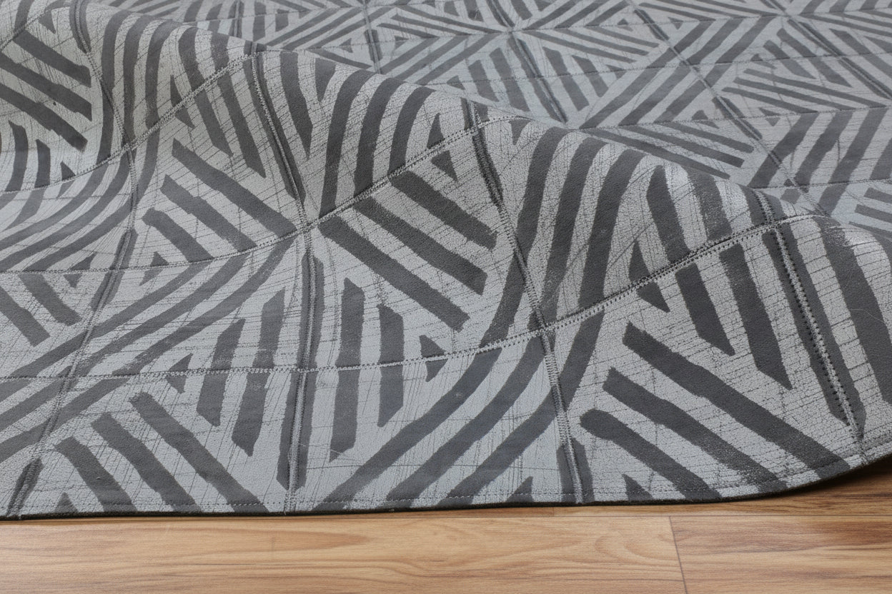Sibilla Handmade Dark Gray Leather Diamonds Rug | Modern Geometric Patchwork Cowhide Area Rug