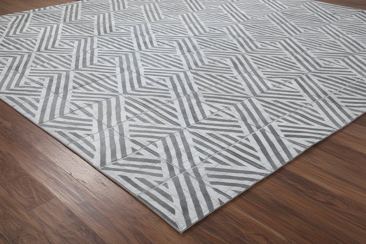 Sibilla Handmade Dark Gray Leather Diamonds Rug | Modern Geometric Patchwork Cowhide Area Rug