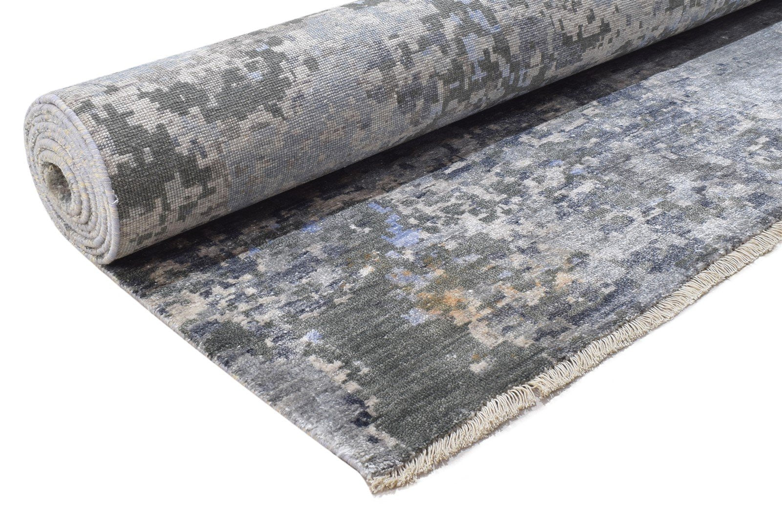 Silk Dark Grey Rug 9' X 12' Modern Hand Knotted Indian Abstract Large Carpet 7864321474709