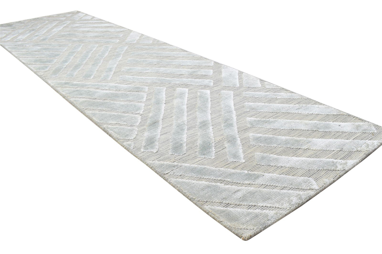 Silver Wool Silk Rug 2X8 Modern Jacquard Loom Scandinavian Geometric Small 7864148131989