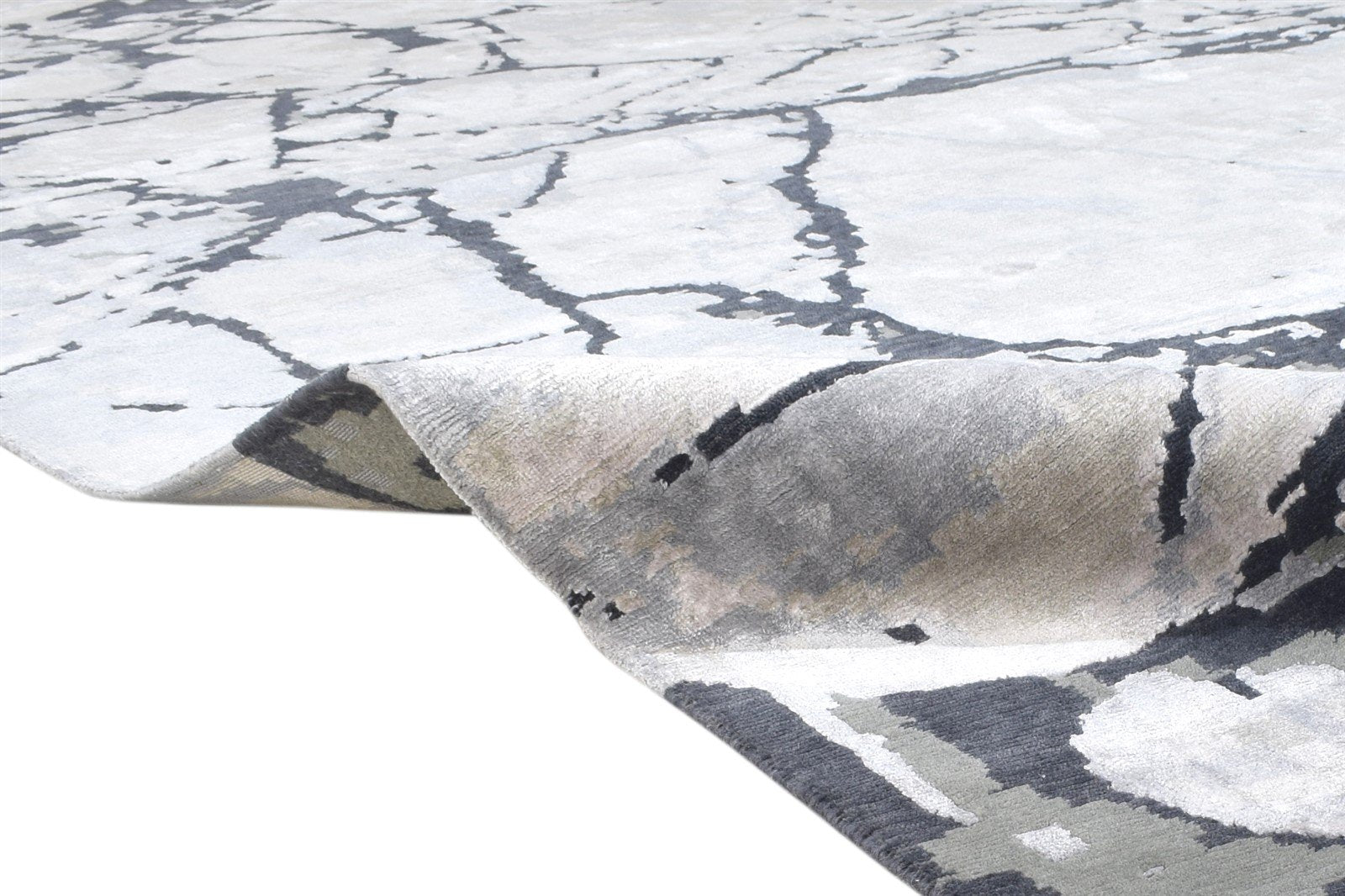 Silver Wool / Silk Rug 8X10 Modern Hand Knotted Indian Abstract Large Carpet 7864397299861