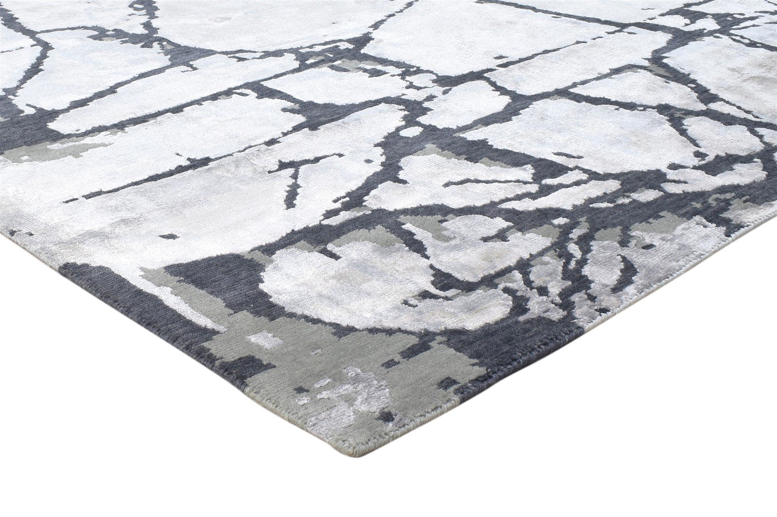 Silver Wool / Silk Rug 8X10 Modern Hand Knotted Indian Abstract Large Carpet 7864397299861