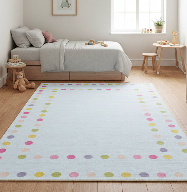 Sprinkles Polka Dot Border Handmade Sky Blue Kid's Rug - Modern Scandinavian Nursery Rug 9081820905621