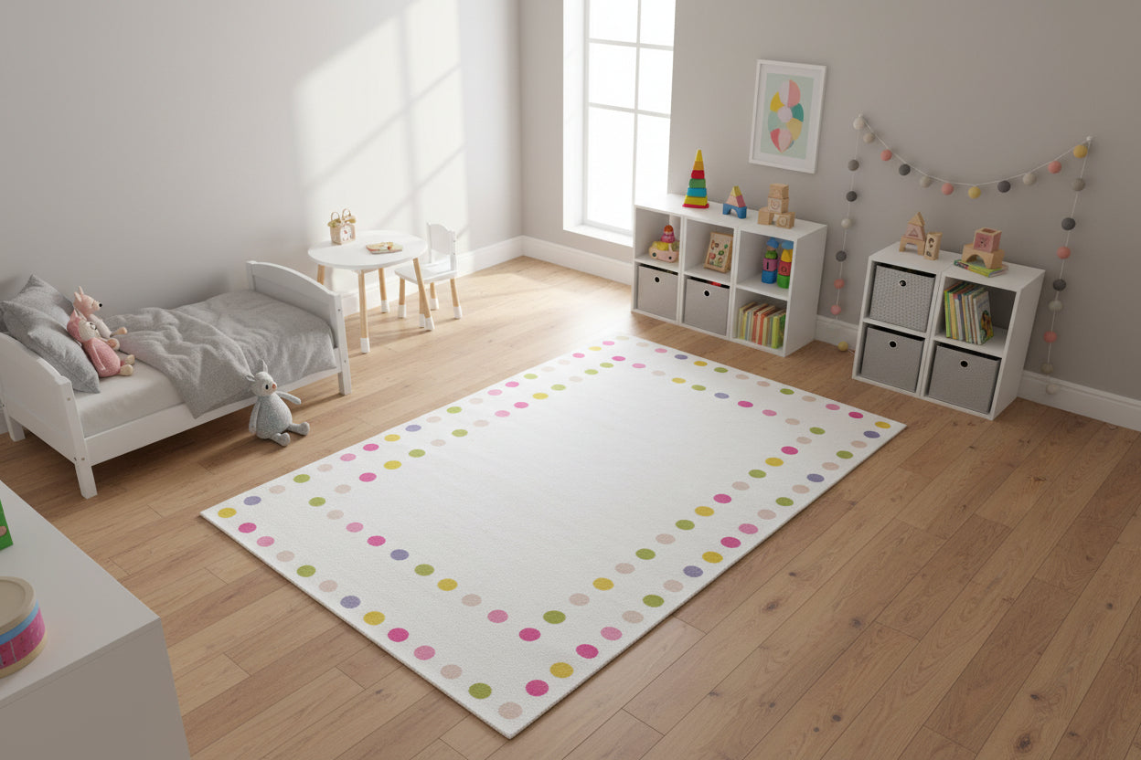 Sprinkles White Handmade Border Polka Dot Border Area Rug – Soft Modern Decorative Nursery Rug 9081825919125