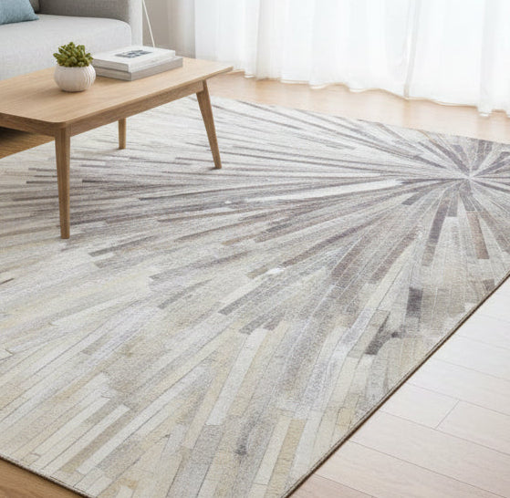 Sunburst Handmade Ivory Leather Rug | Abstract Patchwork Cowhide Area Rug 7864431837333