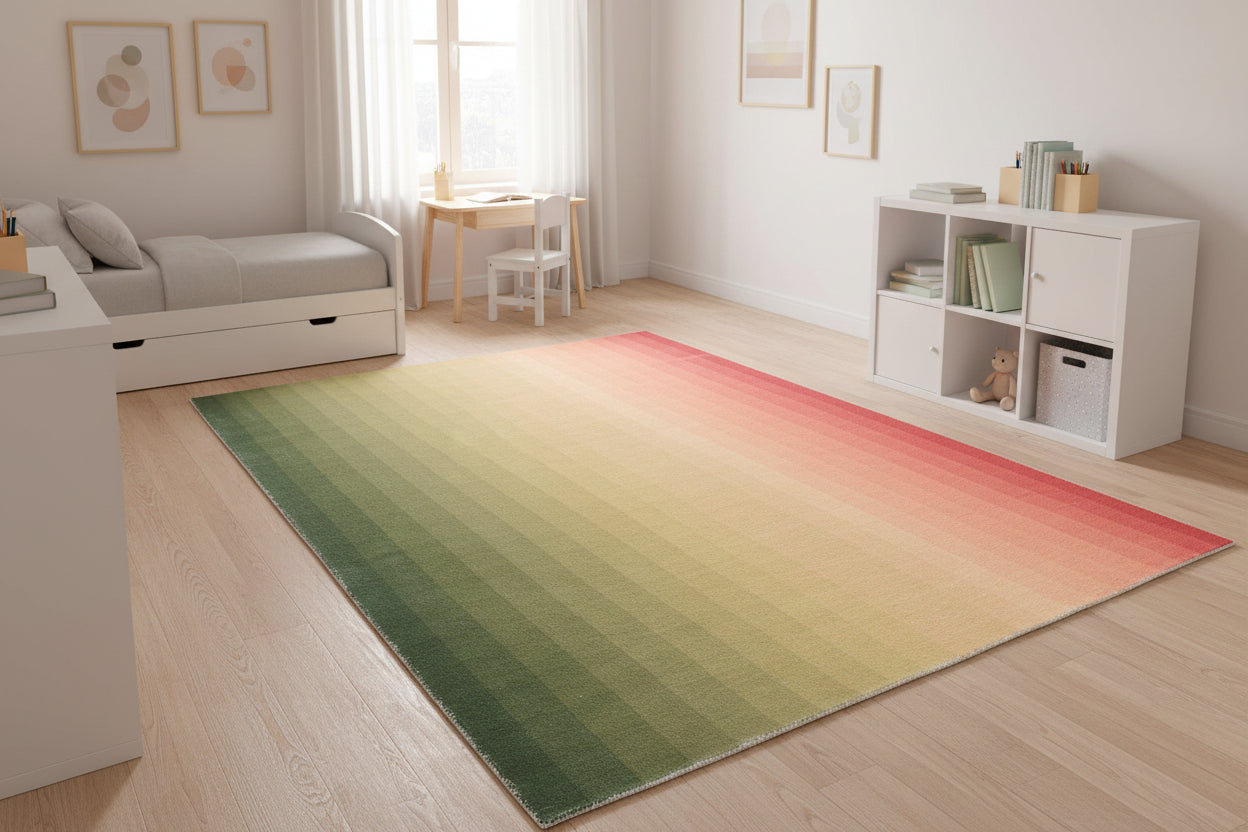Sunrise Gradient Ombre Stripe Handmade Area Rug – Modern Green to Coral Soft Rug 9122047295637