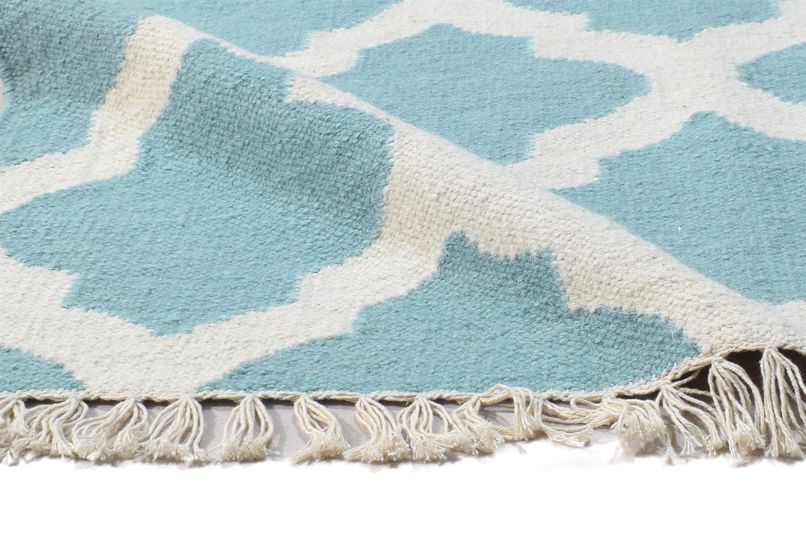 Teal Blue Wool Rug 3' X 5' Modern Dhurrie Moroccan Trellis Small Carpet 7864377049237