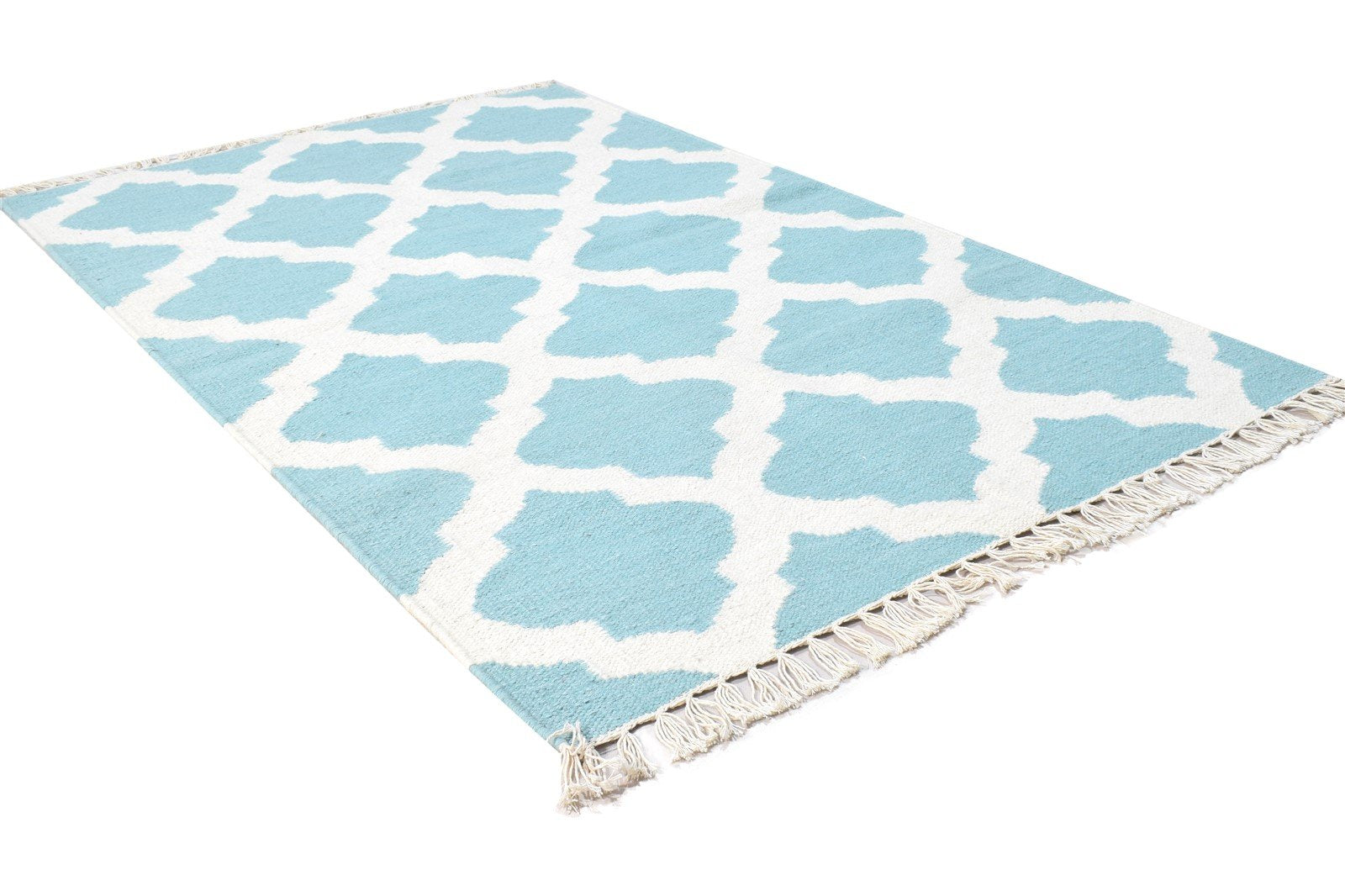 Teal Blue Wool Rug 3' X 5' Modern Dhurrie Moroccan Trellis Small Carpet 7864377049237