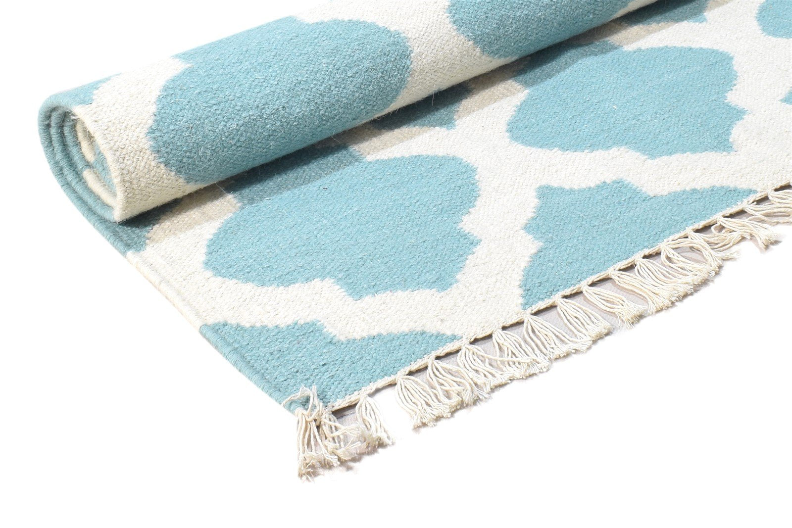 Teal Blue Wool Rug 3' X 5' Modern Dhurrie Moroccan Trellis Small Carpet 7864377049237