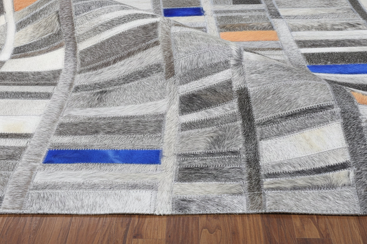 Terrie Handmade Gray Leather Checkboard Checkered Rug | Modern Geometric Patchwork Cowhide Rug