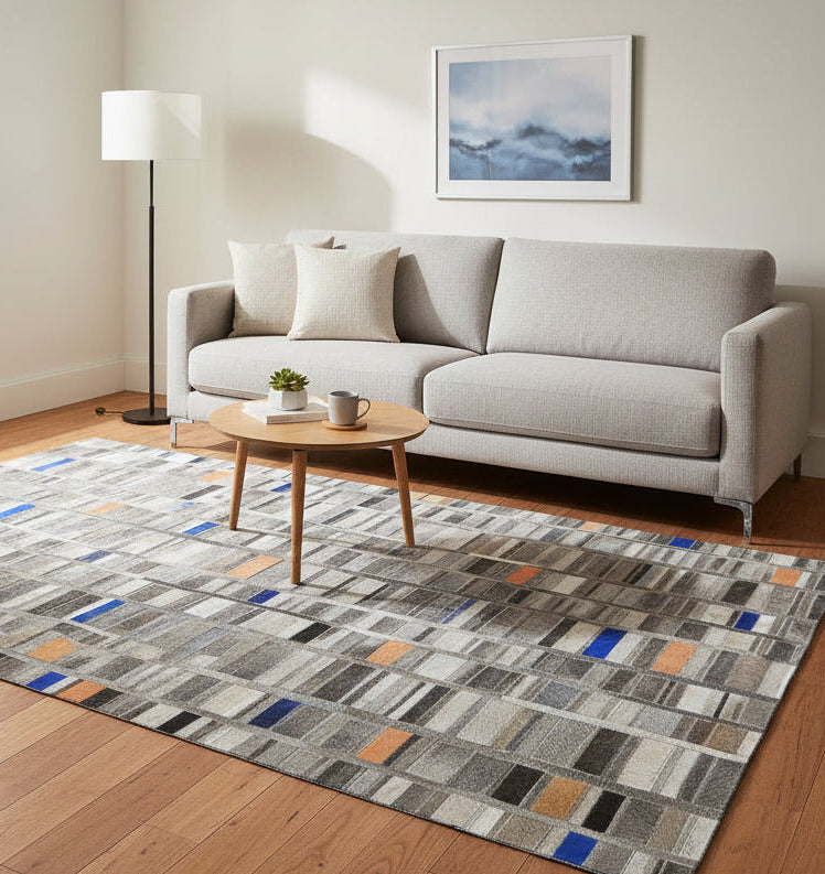 Terrie Handmade Gray Leather Checkboard Checkered Rug | Modern Geometric Patchwork Cowhide Rug