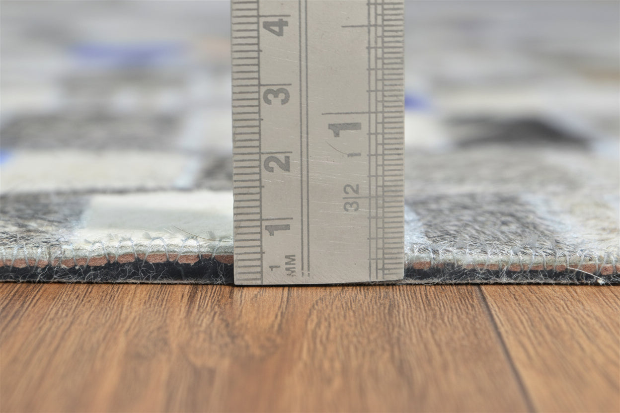 Terrie Handmade Gray Leather Checkboard Checkered Rug | Modern Geometric Patchwork Cowhide Rug