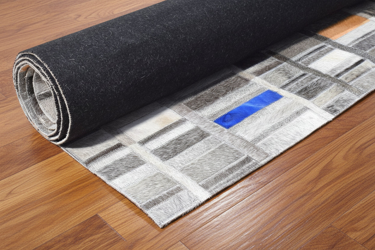 Terrie Handmade Gray Leather Checkboard Checkered Rug | Modern Geometric Patchwork Cowhide Rug